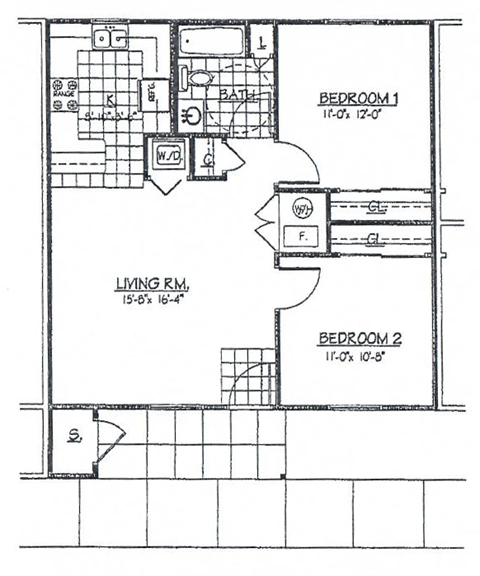Floor plan for 2 beds, 1 bath, 800 sqft